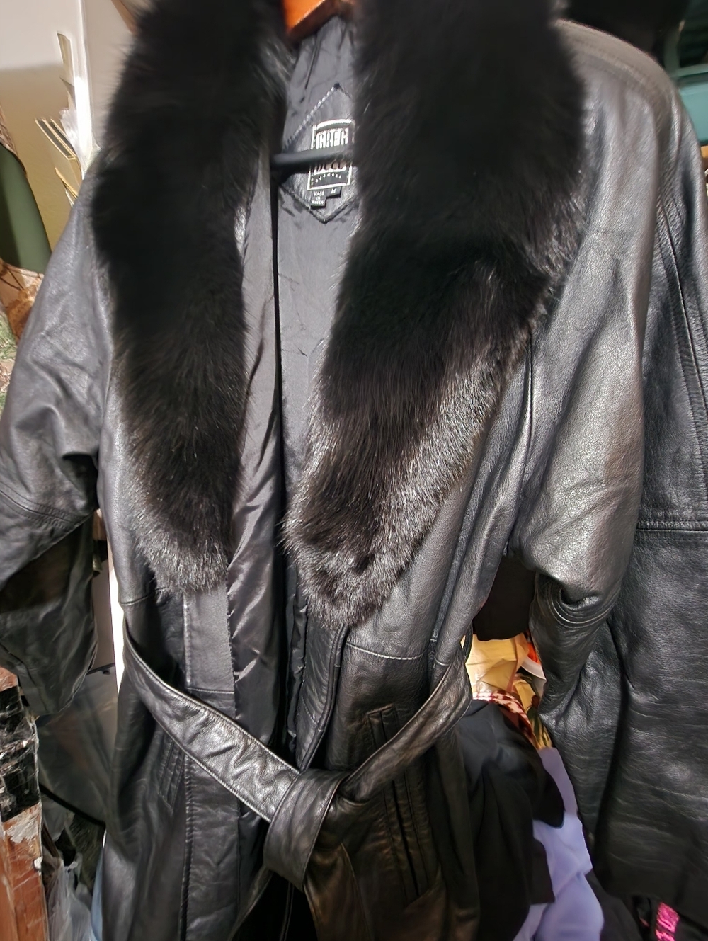 Black Leather Trench Coat with Fur Collar